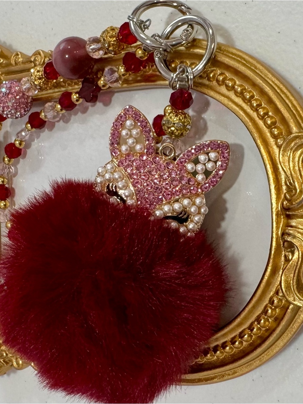 New Crystal Fox Pom Pom Keychain with Burgundy Fur and Pink Crystal Charm